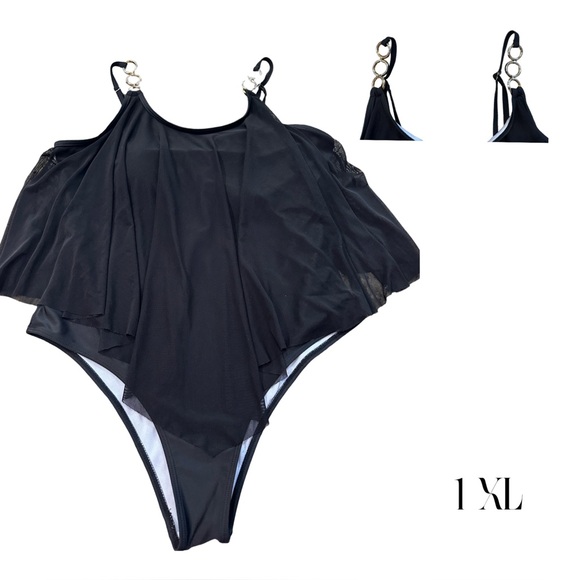 Plus size Cheeky Hi- cut Black One-Piece Swimsuit gold 1X sheer overlay NWOT - Picture 3 of 8